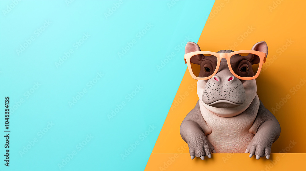 Fototapeta premium playful baby hippo wearing oversized sunglasses adds fun and quirky touch to any design. This charming character is perfect for projects that need lighthearted vibe