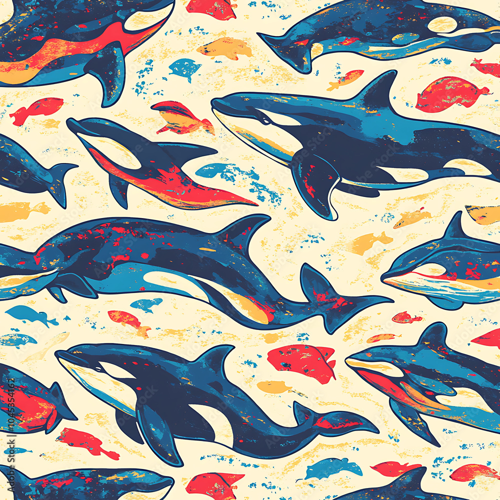 Colorful orca whales swim gracefully in vibrant summer sea pattern ...