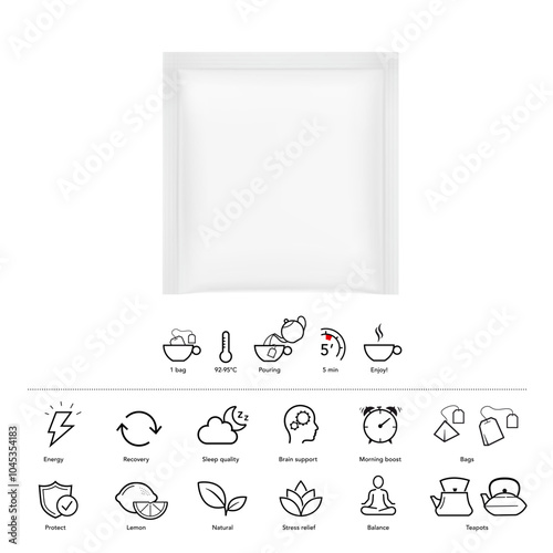 Sachet mockup  for tea bag with icons set for brewing and benefits of tea. Hyper realistic. Vector illustration isolated on white background. Flat lay view. Ready for your design. EPS10.