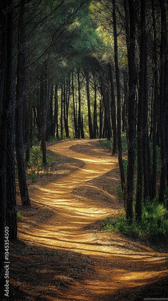 Fototapeta premium Winding Pathway Through Serene Pine Forest