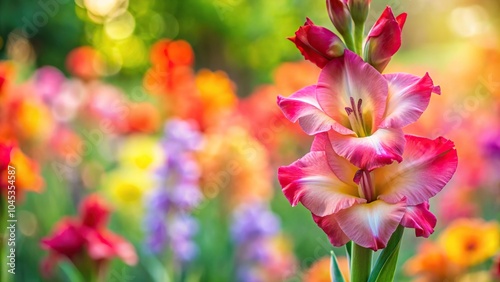 Close-up Gladiolus hybridus flower blooming in garden with colorful blurry background