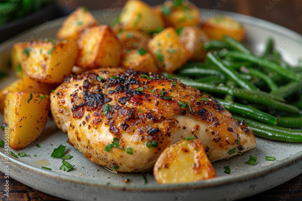 A plate of chicken kiev, breaded chicken breasts filled with garlic butter, served with roasted potatoes and green beans A plate of chicken kiev, breaded chicken breasts filled with garlic butter, served with roasted potatoes and green beans
