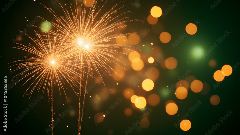 Fireworks display features gold and green bokeh at new year eve with abstract background and holiday decor.