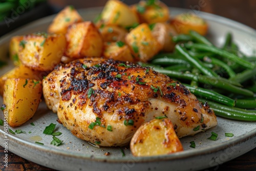 A plate of chicken kiev, breaded chicken breasts filled with garlic butter, served with roasted potatoes and green beans