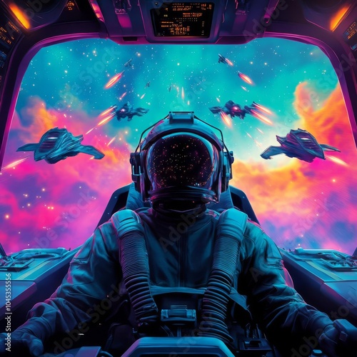 Robot fighter pilot in a cockpit, dogfighting with alien ships in a colorful nebula