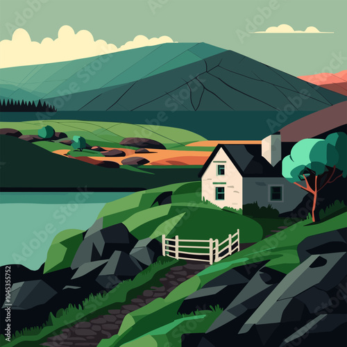 Idyllic countryside with a white farmhouse surrounded by green fields and distant hills.