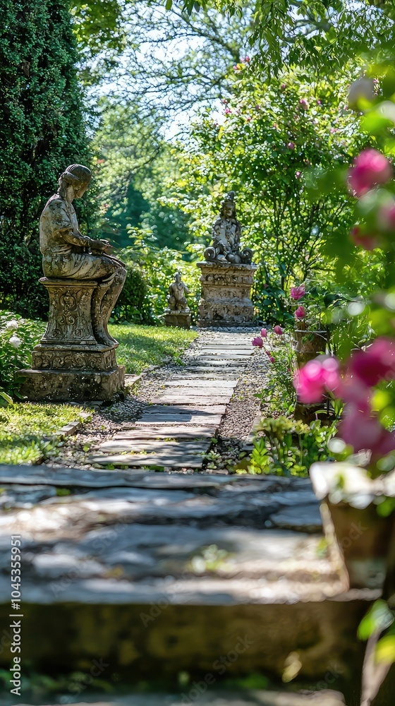 Enchanting Garden with Antique Sculptures and Pathway Enchanting Garden with Antique Sculptures and Pathway