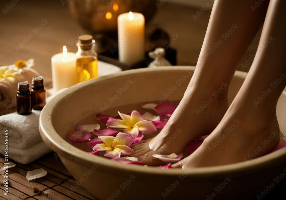 Woman relaxing with her feet in a bowl of water with flower petals, enjoying a spa treatment Woman relaxing with her feet in a bowl of water with flower petals, enjoying a spa treatment
