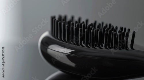 Close-up of hair being detangled smoothly by a sleek, modern hairbrush with soft bristles photo