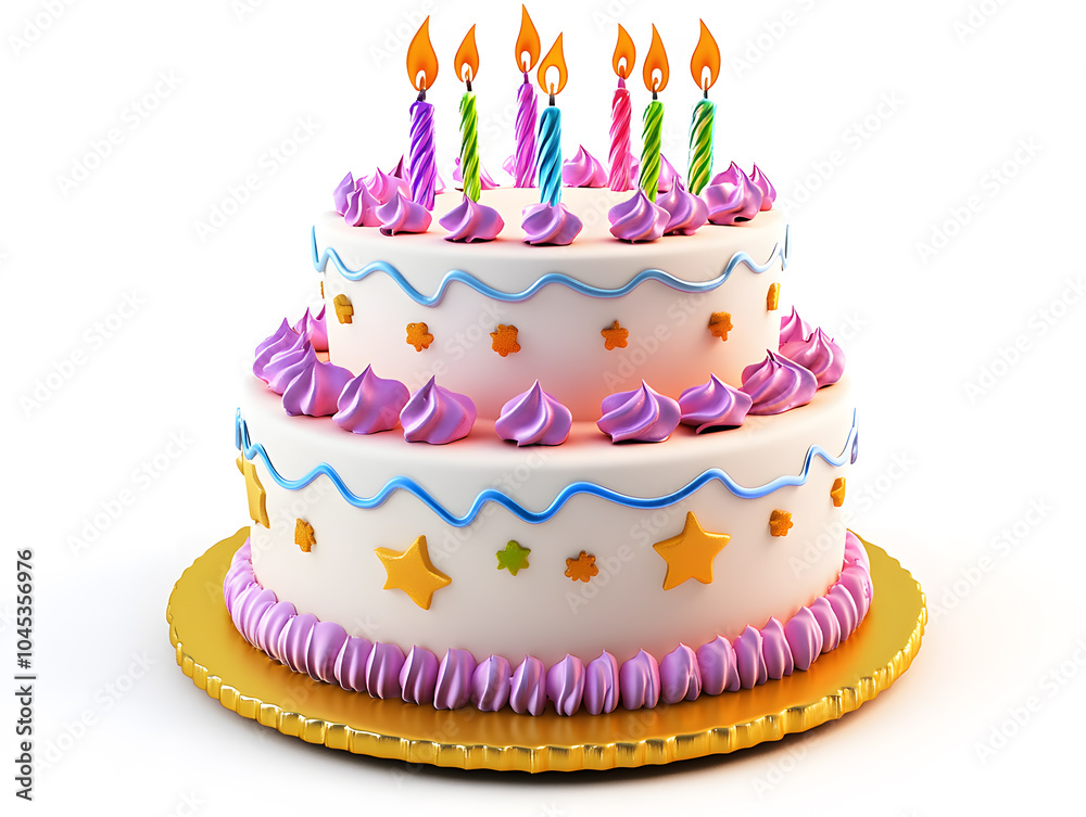 3D cartoon birthday cake with candles isolated on white background 3D cartoon birthday cake with candles isolated on white background