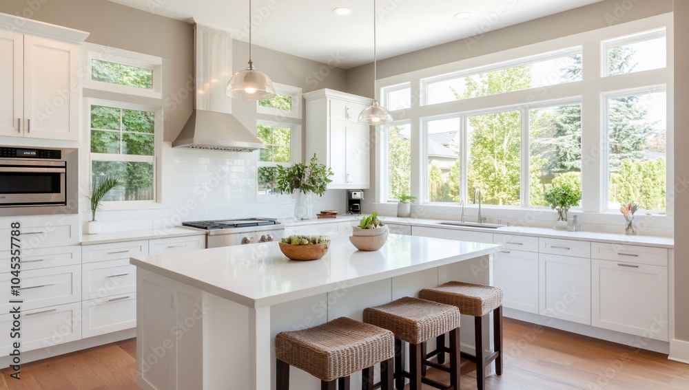 Modern kitchen with white cabinetry and large windows for natural light. Modern kitchen with white cabinetry and large windows for natural light.