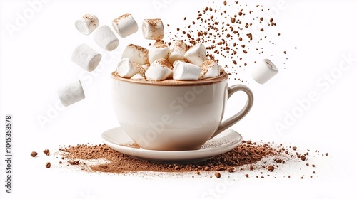 Marshmallow Mayhem: A whimsical and playful depiction of a cup of hot cocoa with marshmallows exploding in a burst of sweet delight, capturing the essence of cozy winter treats.   photo