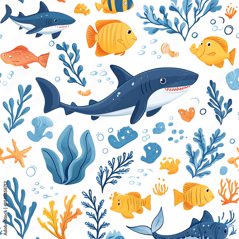 Colorful ocean animals create vibrant and playful underwater scene, featuring sharks, fish, and various marine plants. This delightful pattern is perfect for kids decor Colorful ocean animals create vibrant and playful underwater scene, featuring sharks, fish, and various marine plants. This delightful pattern is perfect for kids decor