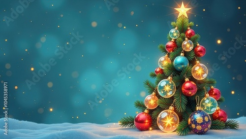 Garland of Transparent Glass Balls Filled with Neon Golden Lights in a Christmas Tree Shape, Set Against a Festive Blurred Pastel Blue Background for Holiday Cheer