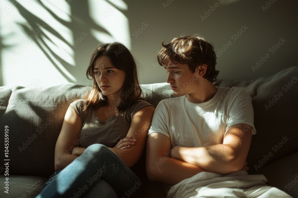 Young couple is sitting on a sofa with their arms crossed, looking frustrated and annoyed Young couple is sitting on a sofa with their arms crossed, looking frustrated and annoyed