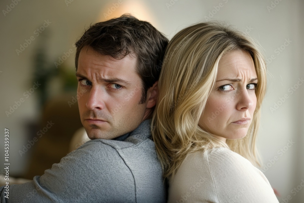Young couple is having relationship problems and is sitting back to back, refusing to make eye contact Young couple is having relationship problems and is sitting back to back, refusing to make eye contact