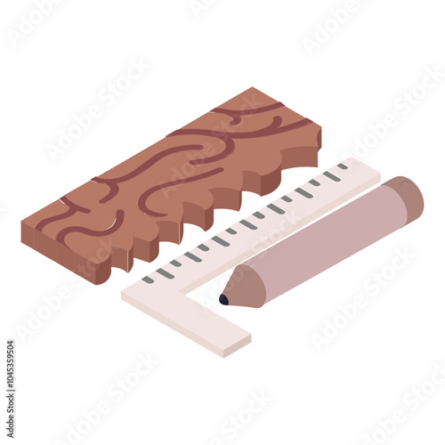 Timber Slab, Right Angled Scale and Marker Pencil isometric concept, vector color icon design, repair maintenance servicess symbol, Home remodeling sign, Building and construction stock illustration