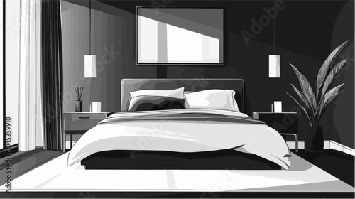 Black and white illustration of bedroom interior. Cozy modern bedroom.