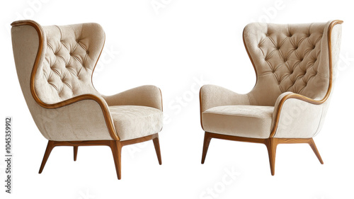 Elegant tufted armchairs in a cream fabric finish with wooden legs, perfect for modern living room design and cozy seating arrangements.