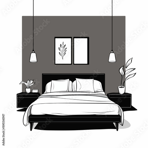 Black and white illustration of bedroom interior. Cozy modern bedroom.