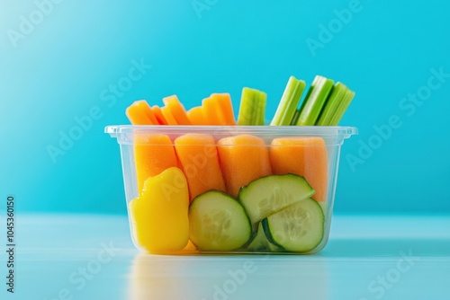 Plastic container full of fresh vegetables, perfect for a healthy snack or light meal photo