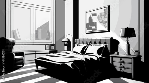 Black and white illustration of bedroom interior. Cozy modern bedroom.