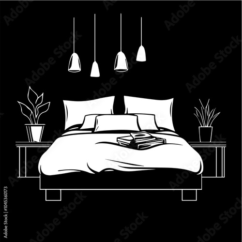 Black and white illustration of bedroom interior. Cozy modern bedroom.