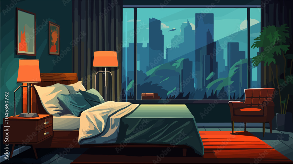 Fototapeta premium Illustration of bedroom interior. Cozy modern bedroom.