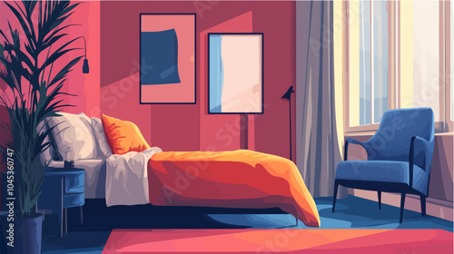 Illustration of bedroom interior. Cozy modern bedroom.