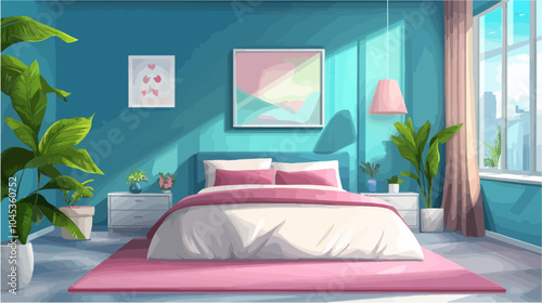 Illustration of bedroom interior. Cozy modern bedroom.