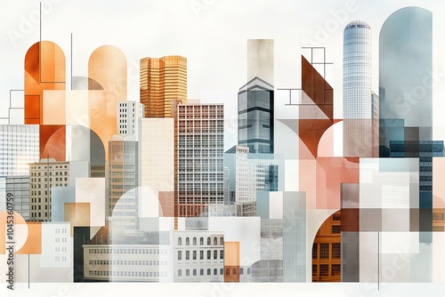 Architectural elements creatively rearranged, showcasing a modern urban landscape with a blend of geometric shapes and rich colors