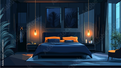 Illustration of bedroom interior. Cozy modern bedroom.