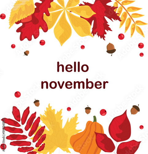 autumn yellow, red leaves, acorns, mountain ash, pumpkin. background for the decoration of autumn holidays, Thanksgiving day. November, October. vector, graphic image.