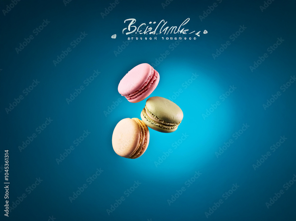 Three colorful macarons suspended in the air against a bright blue background. Three colorful macarons suspended in the air against a bright blue background.