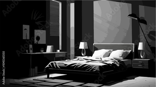 Black and white illustration of bedroom interior. Cozy modern bedroom.
