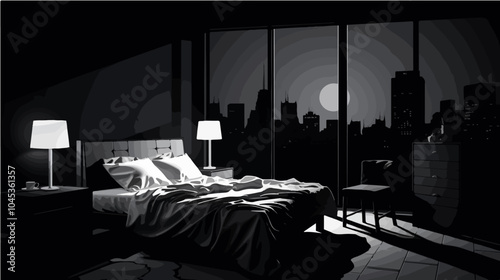 Black and white illustration of bedroom interior. Cozy modern bedroom.