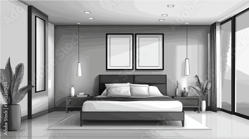Black and white illustration of bedroom interior. Cozy modern bedroom.