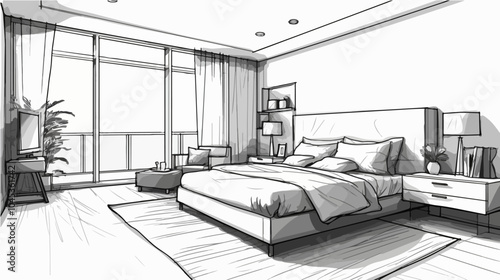 Black and white illustration of bedroom interior. Cozy modern bedroom.