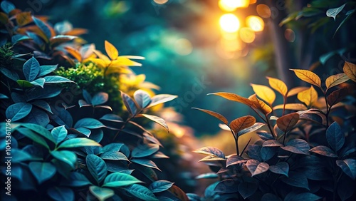 Close-up background texture of leaves in a dark garden with shades of light