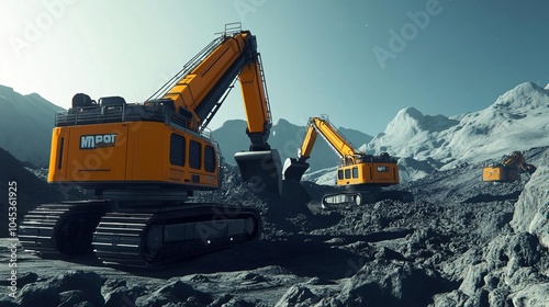 Robots mining on a distant planet, huge industrial machines digging into the rocky surface