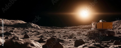 Robots mining on an asteroid, a distant sun casting long shadows across the rocky surface photo