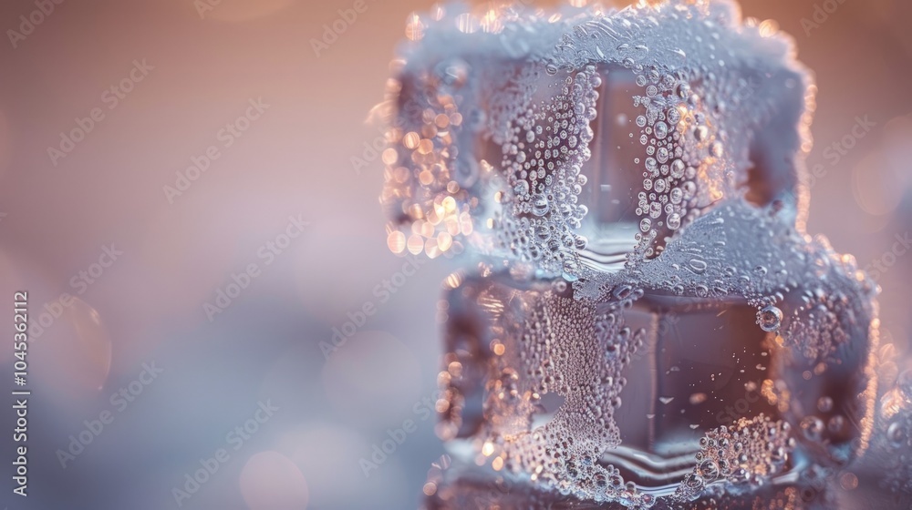 Intricate Ice Cubes with Air Bubbles, a close-up view revealing the delicate structures and textures of frozen water, showcasing the beauty of frozen formations and bubbles within. Intricate Ice Cubes with Air Bubbles, a close-up view revealing the delicate structures and textures of frozen water, showcasing the beauty of frozen formations and bubbles within.