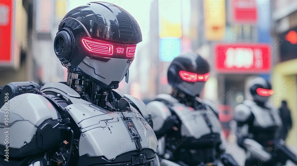 Robots patrolling the streets of a cyberpunk city, neon signs reflecting off their metallic bodies Robots patrolling the streets of a cyberpunk city, neon signs reflecting off their metallic bodies