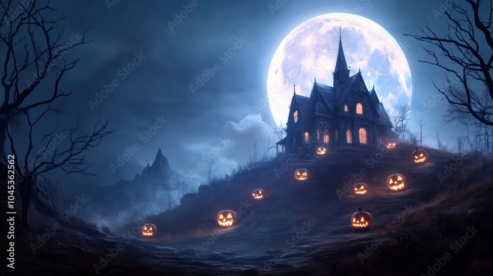 Fototapeta premium Haunted Mansion Under Full Moon with Halloween Jack-o-Lanterns