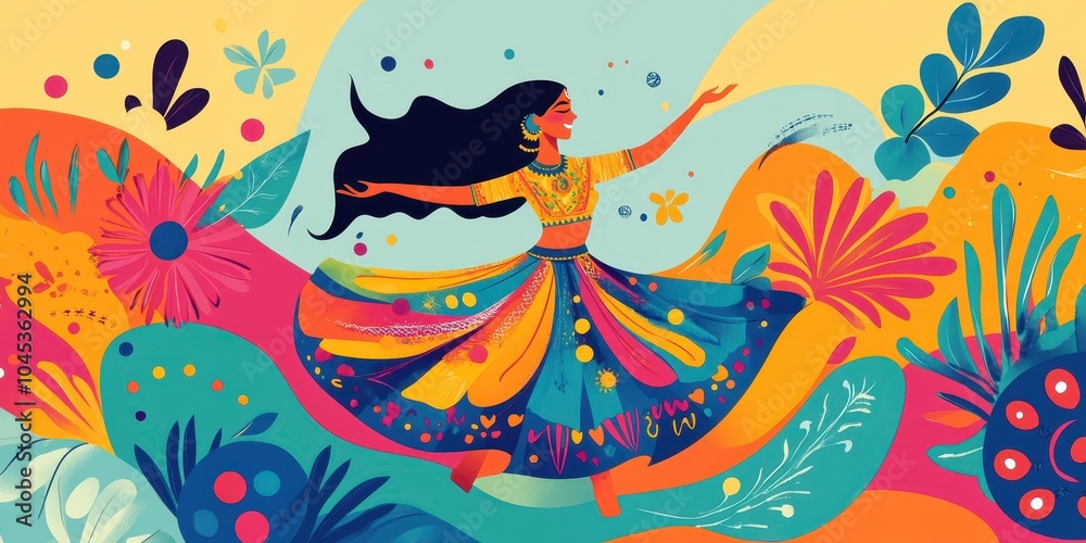 Fototapeta premium A woman in a colorful dress is dancing in a circle of flowers
