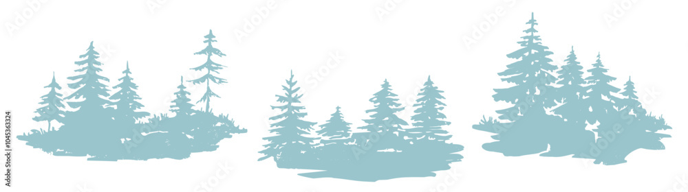 Obraz premium Abstract woodland forest illustration trees silhouette, fir tree forest silhouette isolated, evergreen trees, Landscape with trees and grass, 