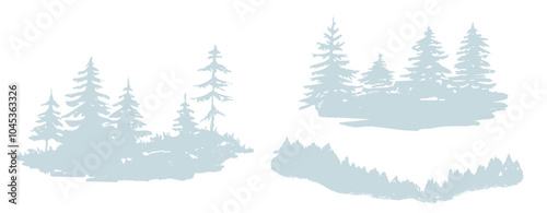 Abstract woodland forest illustration trees silhouette, fir tree forest silhouette isolated, evergreen trees, Landscape with trees and grass, 