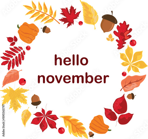 autumn yellow, red leaves, acorns, mountain ash, pumpkin. background for the decoration of autumn holidays, Thanksgiving day. November, October. vector, graphic image.