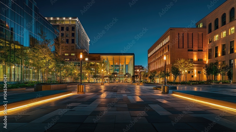 A beautifully lit urban square with modern and classical architecture, glowing in warm lights at night. A beautifully lit urban square with modern and classical architecture, glowing in warm lights at night.