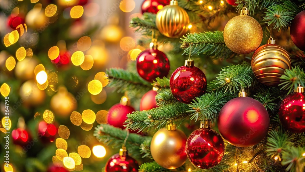 Close-Up christmas tree with red and golden decorations Close-Up christmas tree with red and golden decorations